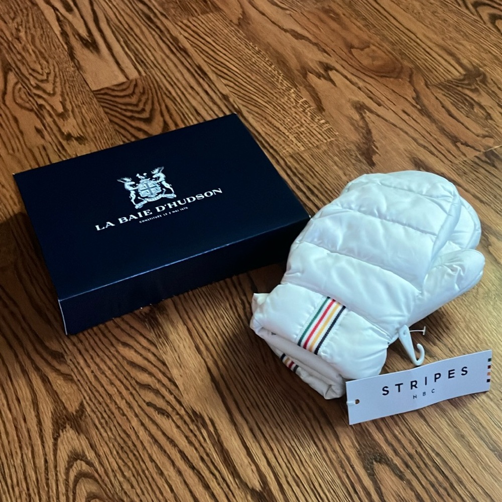 HBC stripes White Puffer Mittens, comes in HBC box.
